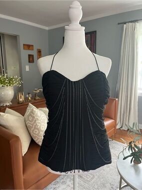 Cache Black Halter Rusched Camisole Corset Top with Chain Draping Sz 12 Witchy